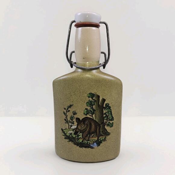 Vintage German Hip Flask Wild Boar Hinged Captive Top Liquor Stoneware Hunting - Picture 1 of 13